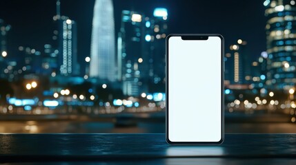 Modern communication, white smartphone on table with cityscape backdrop for business and connectivity