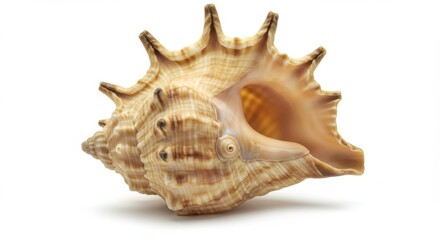 Seashell, conch shell, spiral pattern, golden brown hues, plaid-like texture, shiny surface, natural object, marine life, beach treasure, organic form, detailed ridges, smooth curves, isolated on whit