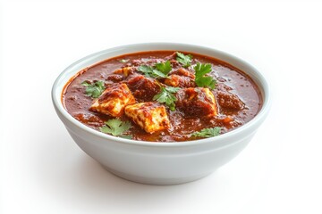 Fototapeta premium Indian paneer makhani in white bowl on light background creamy tomato sauce with cilantro garnish