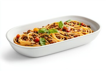 Delicious spaghetti with lentils tomatoes and basil in a white bowl on a white background culinary concept