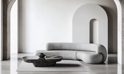 Modern curved sofa and coffee table in minimalist room.