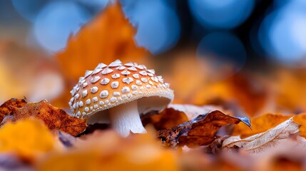 Amanita Mushroom Among Fallen Autumn Leaves in a Forest Setting