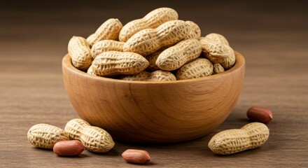 wooden bowl, peanuts, raw peanuts, whole peanuts, brown background, close-up, studio lighting, food photography, textured surface, earthy tones, natural snack, healthy eating, rustic setting, detailed