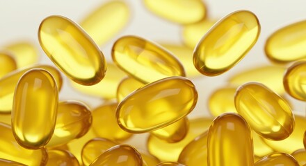 Fish oil capsules, golden translucent pills, omega-3 supplements, soft gel capsules, healthy nutrition, vitamin D, close-up photography, bright lighting, white background, shiny surface, yellow tones,