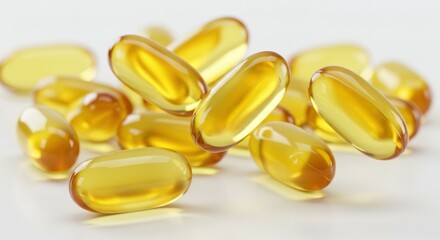 Fish oil capsules, golden translucent pills, omega-3 supplements, soft gel capsules, healthy nutrition, vitamin D, close-up photography, bright lighting, white background, shiny surface, yellow tones,