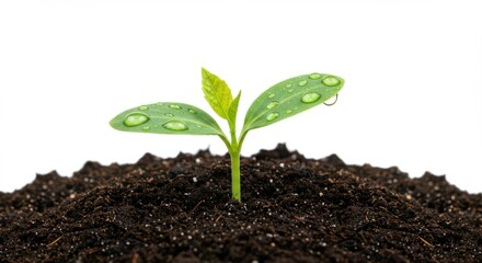 Fototapeta premium young green sprout, two leaves, emerging from dark soil, macro photography, white background, growth, beginnings, nature, gardening, close-up, high detail, soft lighting, 4K, crisp focus 