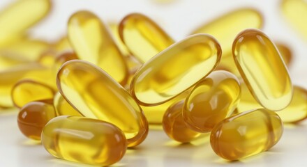 Fish oil capsules, golden translucent pills, omega-3 supplements, soft gel capsules, healthy nutrition, vitamin D, close-up photography, bright lighting, white background, shiny surface, yellow tones,