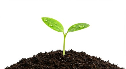 Naklejka premium young green sprout, two leaves, emerging from dark soil, macro photography, white background, growth, beginnings, nature, gardening, close-up, high detail, soft lighting, 4K, crisp focus 