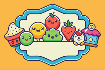 Naklejka premium Playful dessert and fruit-themed frame with cute characters and copy space for creative use