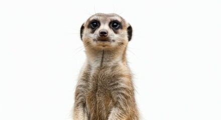 meerkat, alert stance, white background, close-up portrait, furry texture, big eyes, pointy snout, upright posture, wildlife photography, studio lighting, isolated subject, detailed fur, earth tones, 