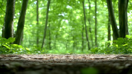 Fototapeta premium Walking Path Through Green Forest Trees with Sun Dappled Ground