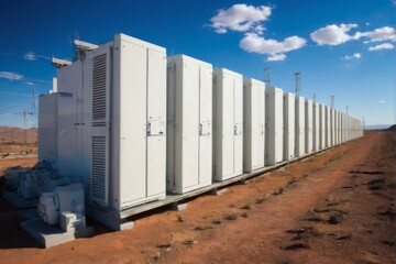 Naklejka premium Desert Electrical Substations in Row with Blue Sky and Mountains in Background