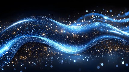 Abstract Blue and Gold Glitter Wave Sparkling Particle Flow Digital Art Background