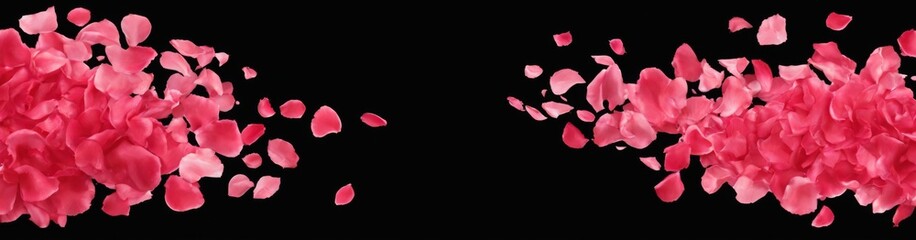 Pink rose petals cascading in various shades on black background, creating movement and energy in digital illustration.
