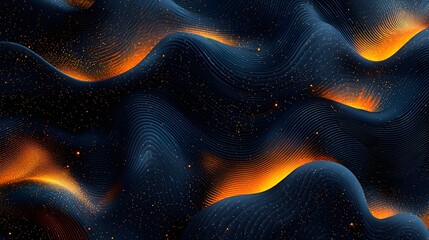 Obraz premium Abstract Dark Blue and Orange Wavy Background with Glowing Particles Digital Art Cosmic Texture