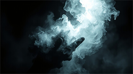 Mysterious Human Hand Emanating Ethereal White Smoke on Dark Background