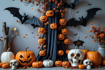 Captivating Halloween Flat Lay Display with Bats and Spooky Decor