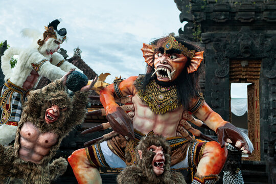 Traditional demon ogoh-ogoh at ritual parade of terrible monsters - Ngrupuk, which is held in evening of Nyepi - Balinese New Year before silence day. Arts and culture of Bali island people.