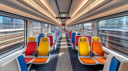 Fototapeta premium Interior View of Moving Train with Colorful Seats and Motion Blur