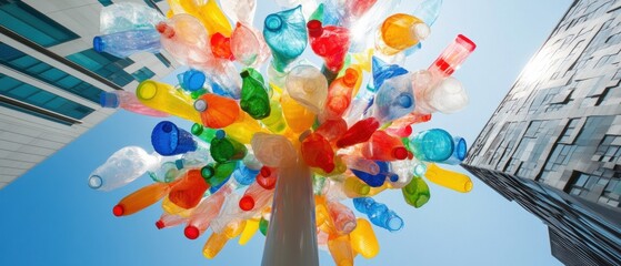 Urban Earth Day Eco-Innovation Vibrant Recycled Plastic Bottle Tree Sculpture - Sustainability Meets Modern City Architectural Design for Climate Action Awareness