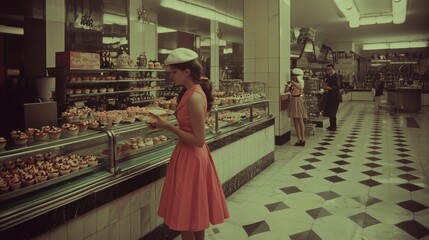 Retro Woman Shopping for Pastries in a Vintage