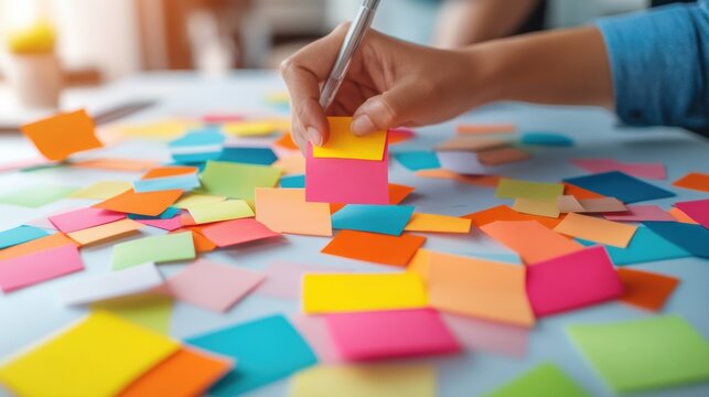 Collaborative Innovation Visualization Agile Gen Z Brainstorming with Vibrant Mixed-Color Sticky Notes - Strategic Design Thinking for Next-Generation Workplace Creativity