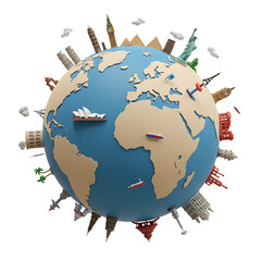 Image of World Travel Destinations: A 3D Globe Showcasing Famous Landmarks and Global Tourism printed on Printed Glass Basin Splashbacks