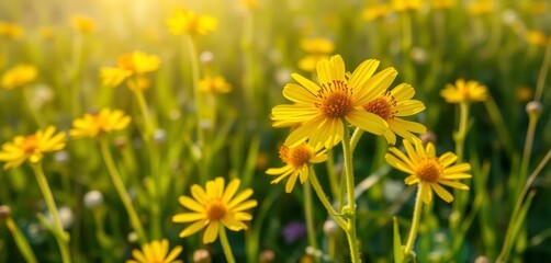 Obraz premium Close-up of vibrant yellow Barbarea vulgaris flowers in a sunlit meadow, yellow flowers, summer