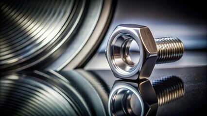 Close-up Detailed View of a Polished Metal Bolt and Reflected Industrial Components
