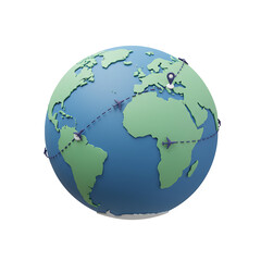 Fototapeta premium Global Travel Route: Airplane Journey Around the World, Destination Pinpoint, 3D Earth Model
