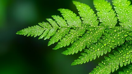 Close-up of Green Fern Frond with Water Droplets Sparkling