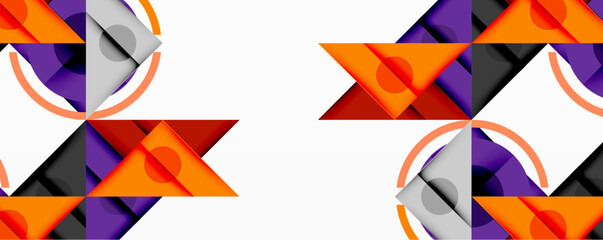 Abstract geometric composition with intersecting triangles, circles, and gradients, creating a dynamic layered pattern with depth and contrast