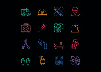 A set of icons for First aid and emergency equipment. The icons include a First Aid Kit, Ambulance, Crutch, Medical Scissors, Medical Gloves. Editable stroke. Vector illustration.