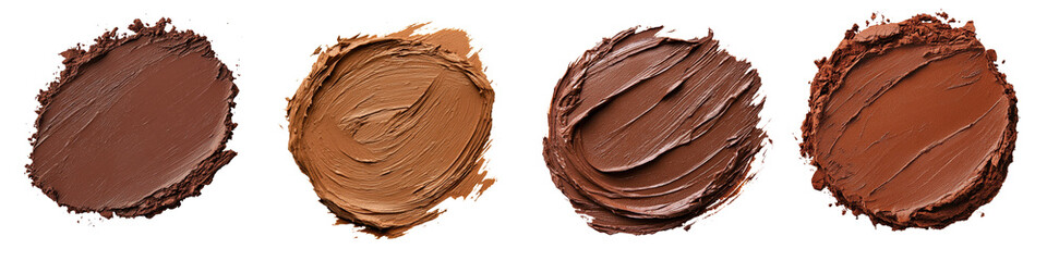 Assortment of various makeup products and cosmetic textures including foundation concealer powder blush eyeshadow and lipstick swatches on a clean white background