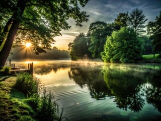 Misty Dawn Lake Serenity: Calm Waters, Peaceful Sunrise, Foggy Lake Photography