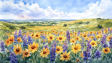 Fototapeta premium Watercolor painting of a field of yellow and purple wildflowers in Texas, with a blue sky and clouds in the background, on a white background
