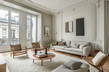 Parisian Apartment Living Room, Serene Calm With Sunlight Streaming Through Tall Windows, Highlighting Elegant Minimalist Furniture And Soft Neutral Tones