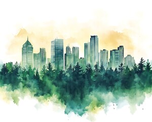 Fototapeta premium Buildings stand tall over a vast green forest of trees