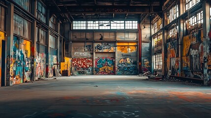 Graffiti Covered Abandoned Warehouse Interior with Light Coming From Windows