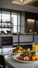 Fototapeta premium Minimalist presentation of premium meat and fresh vegetables in a refined luxurious culinary style food stock photo inspiration for menu