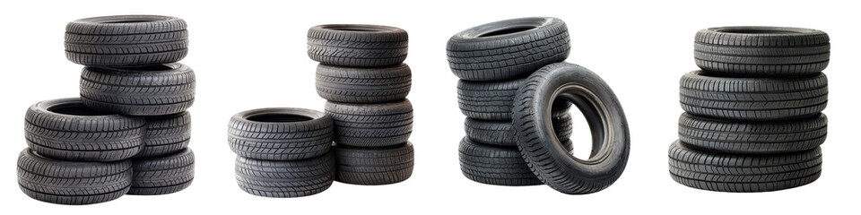 Stacked piles of discarded rubber tires on a concrete floor in a workshop or garage setting showcasing the concept of recycling and reusing automotive materials for sustainability