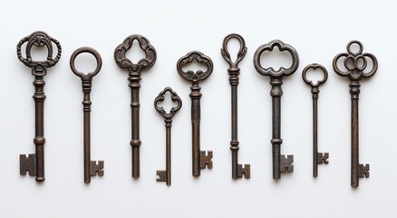 Eight antique keys arranged on white background.