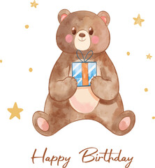 Cute Little Bear with Gift box. Watercolor vector perfect for Birthday project and greeting cards design