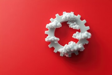 A white gear with clouds inside on a red background