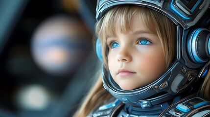 A Young Girl In A Futuristic Astronaut Helmet Gazes Forth