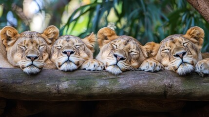 Four Lionesses Napping Together on a Log