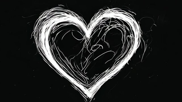 Animated Hand-Drawn Heart Shape in White on Black Background for Love and Romance