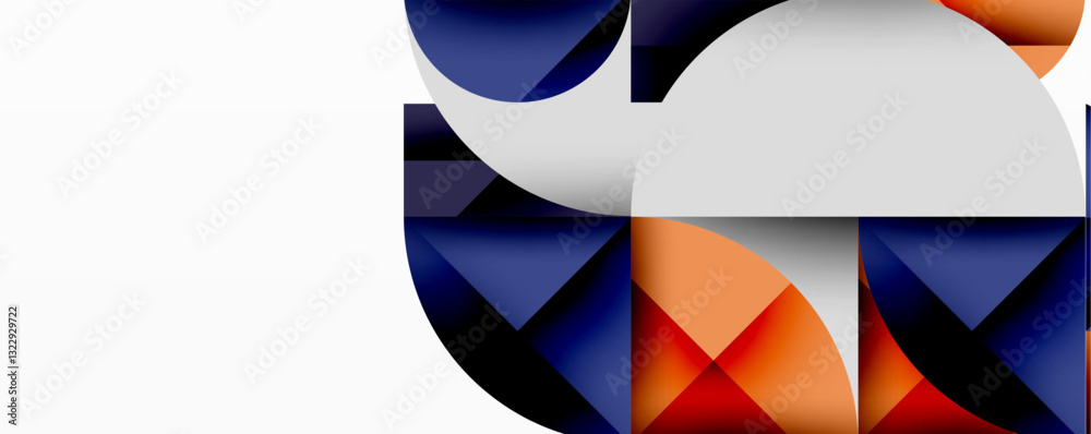 Poster Abstract geometric design with intersecting circles, triangles, squares and sharp angles creating a layered composition with gradients, depth, and contrast