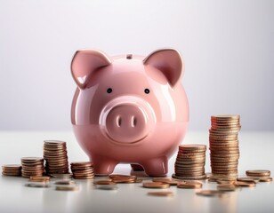 貯金箱とコインの山 貯蓄・節約のシンボル 家計管理イメージ