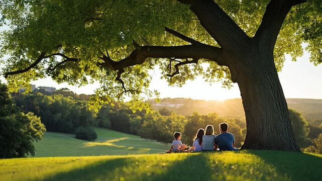 Family enjoying a serene sunset picnic under a large tree in a lush green park